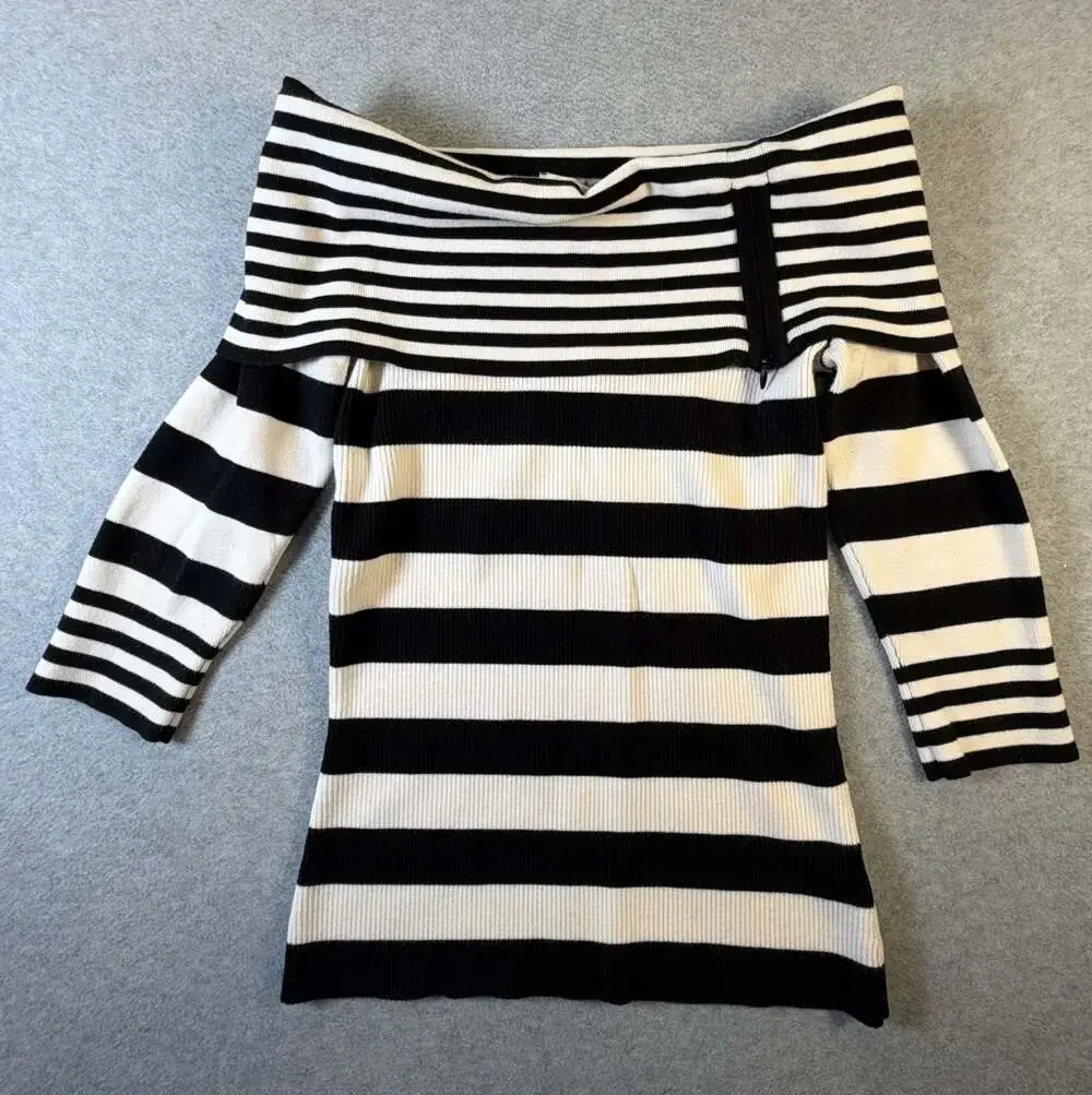 White House Black Market Black White Striped Off The Shoulder Knit Sweater